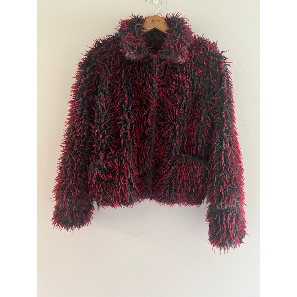 Maralyce Ferre Shaggy Faux Fur Coat Red Black Button Down Size Small JL